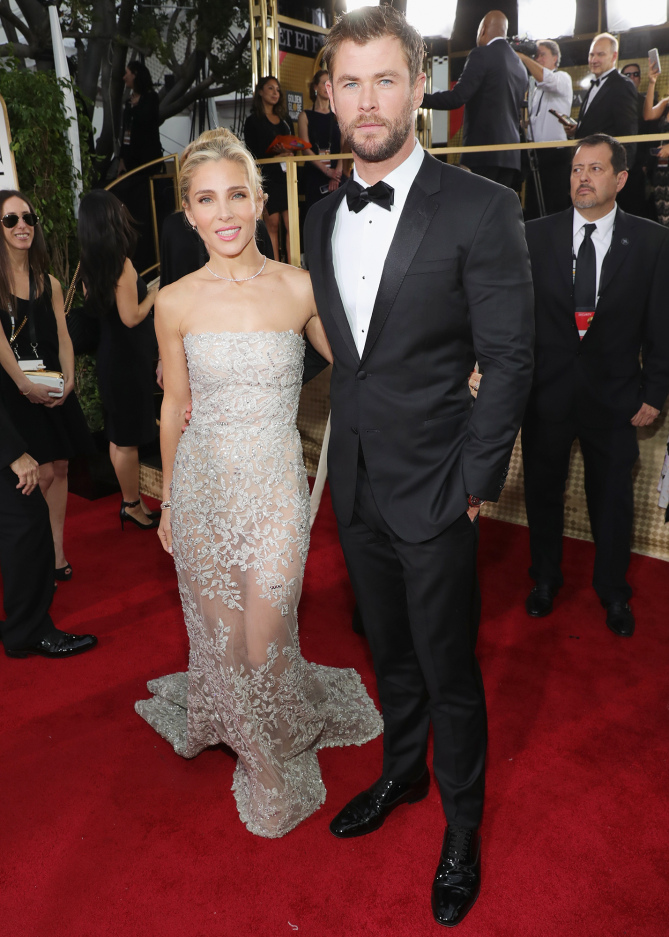 BEVERLY HILLS, CA - JANUARY 08: 74th ANNUAL GOLDEN GLOBE AWARDS -- Pictured: (l-r) Actress/model Elsa Pataky and actor Chris Hemsworth arrive to the 74th Annual Golden Globe Awards held at the Beverly Hilton Hotel on January 8, 2017. (Photo by Neilson Barnard/NBCUniversal/NBCU Photo Bank via Getty Images)