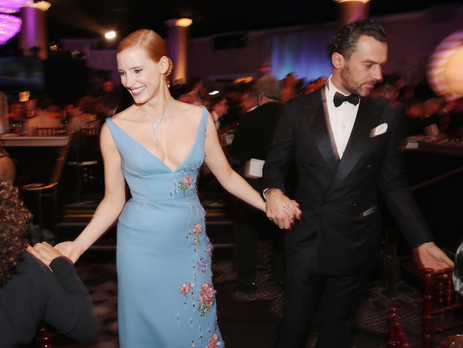 BEVERLY HILLS, CA - JANUARY 08: EXCLUSIVE ACCESS - PREMIUM RATES APPLY. FACEBOOK OUT. 74th ANNUAL GOLDEN GLOBE AWARDS -- Pictured: (l-r) Actress Jessica Chastain and Gian Luca Passi de Preposulo at the 74th Annual Golden Globe Awards held at the Beverly Hilton Hotel on January 8, 2017. (Photo by Christopher Polk/NBC/NBCU Photo Bank)