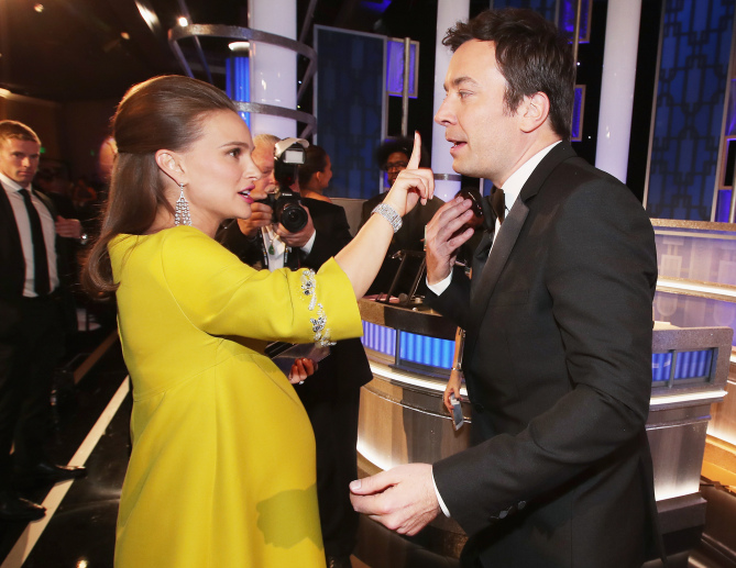 BEVERLY HILLS, CA - JANUARY 08: EXCLUSIVE ACCESS - PREMIUM RATES APPLY. FACEBOOK OUT. 74th ANNUAL GOLDEN GLOBE AWARDS -- Pictured: (l-r) Actress Natalie Portman and host Jimmy Fallon at the 74th Annual Golden Globe Awards held at the Beverly Hilton Hotel on January 8, 2017. (Photo by Christopher Polk/NBC/NBCU Photo Bank)